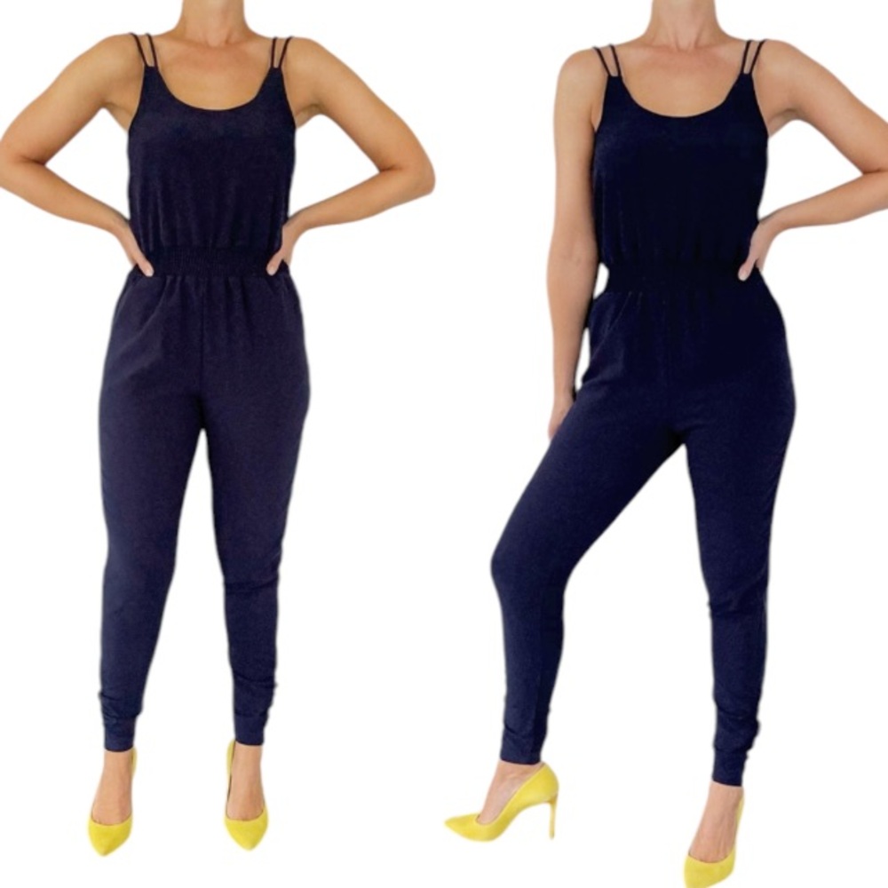 Everleigh navy blue strappy full length tapered ankle jumpsuit romper size small